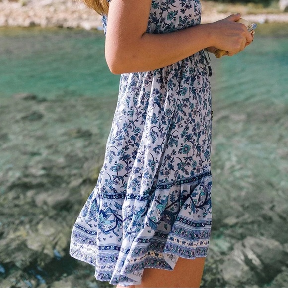 Boho Floral Gypsy Print Button Up Blue Dress - Picture 4 of 6